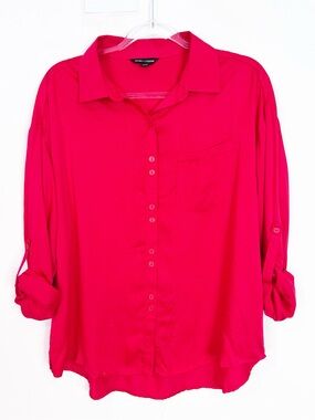 ALWAYS AND FOREVER RED LONG ROLL TAB SLEEVE BLOUSE SZ MEDIUM